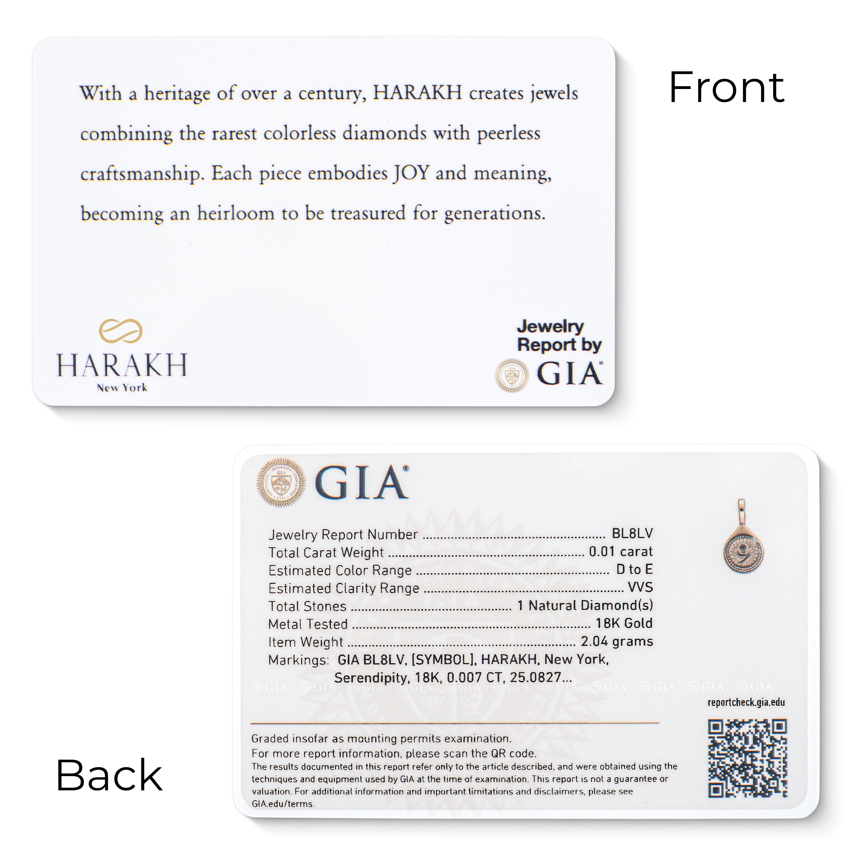 HARAKH Serendipity – Colorless Diamond Drops of JOY Charm Pendant I GIA Jewelry Report