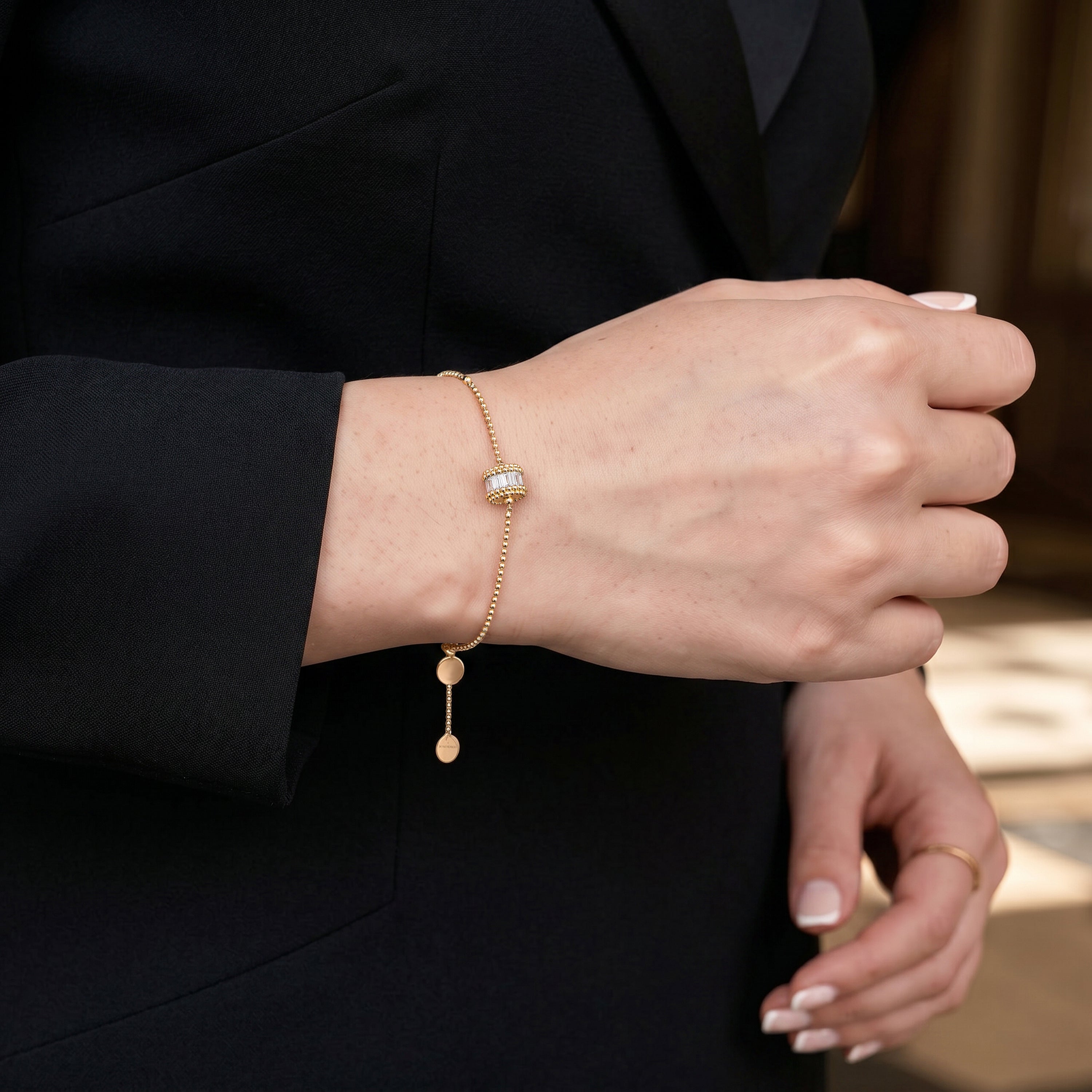 HARAKH Sunlight Rondell Eternity Bracelet – Colorless Baguette Diamonds & Signature Auric Sphere in 18K Gold | GIA Jewelry Report