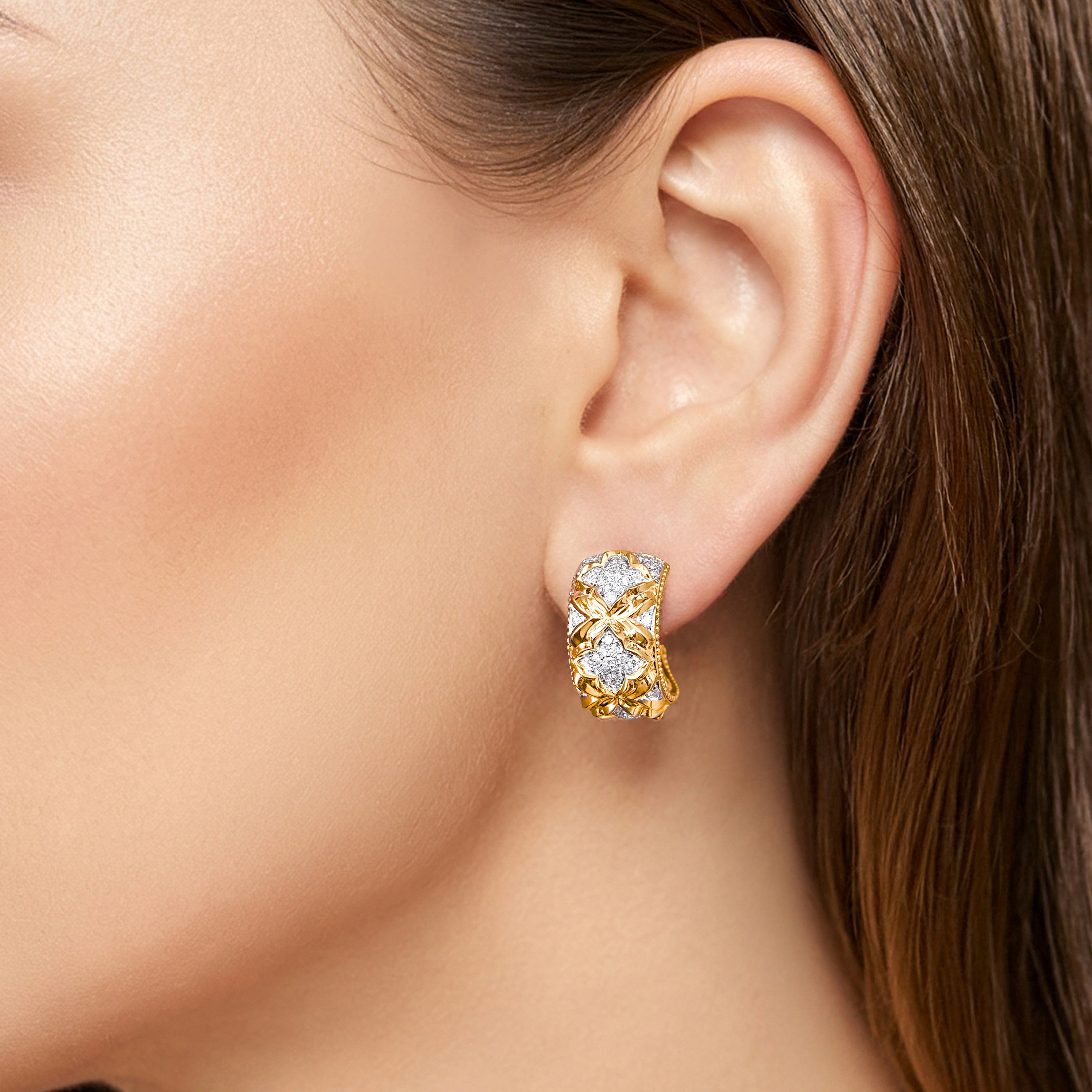 HARAKH Mandala Sculpture Colorless Diamonds Huggie Earrings | GIA Jewelry Report