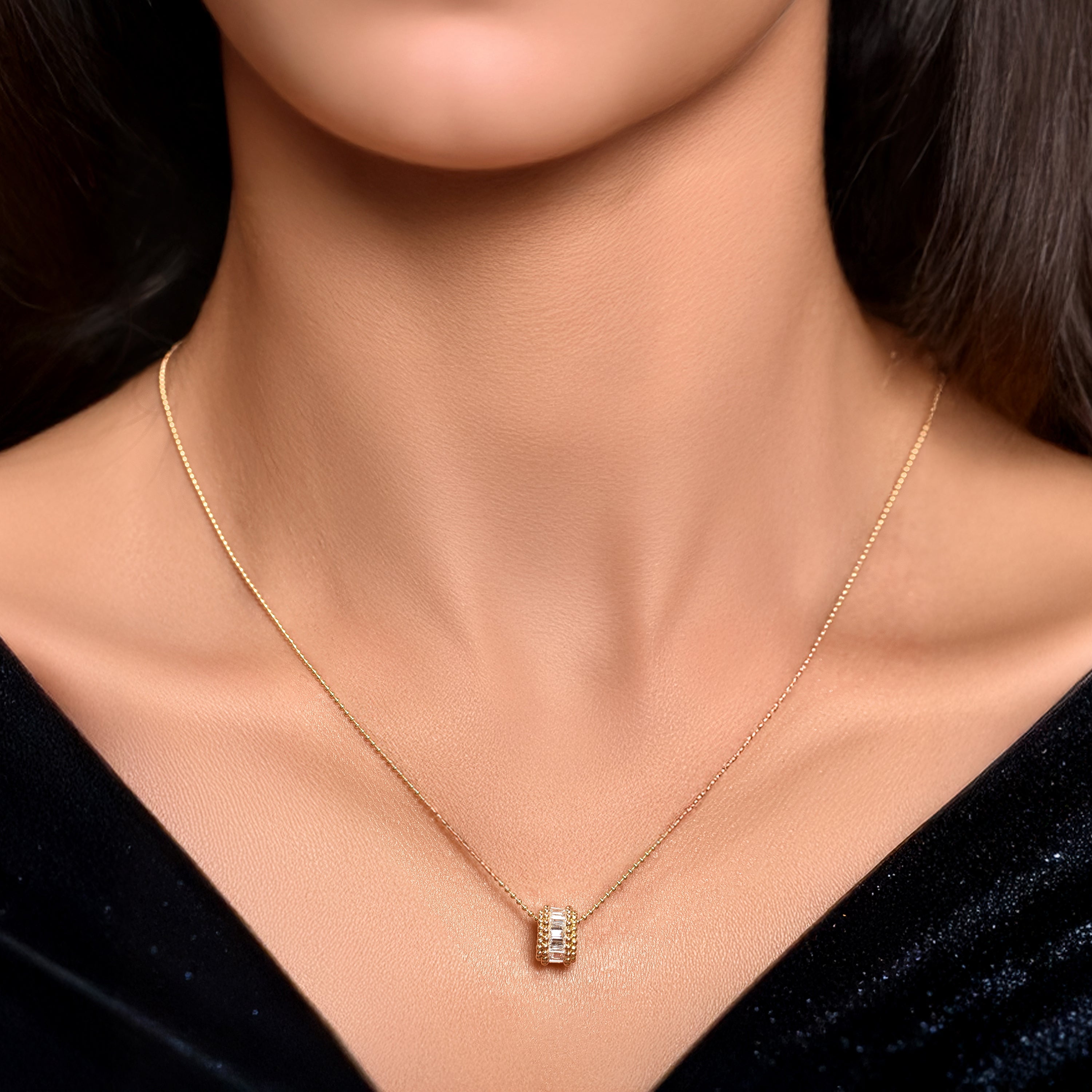 HARAKH Sunlight Rondell Eternity Pendant – Colorless Baguette Diamonds & Signature Auric Sphere in 18K Gold | GIA Jewelry Report
