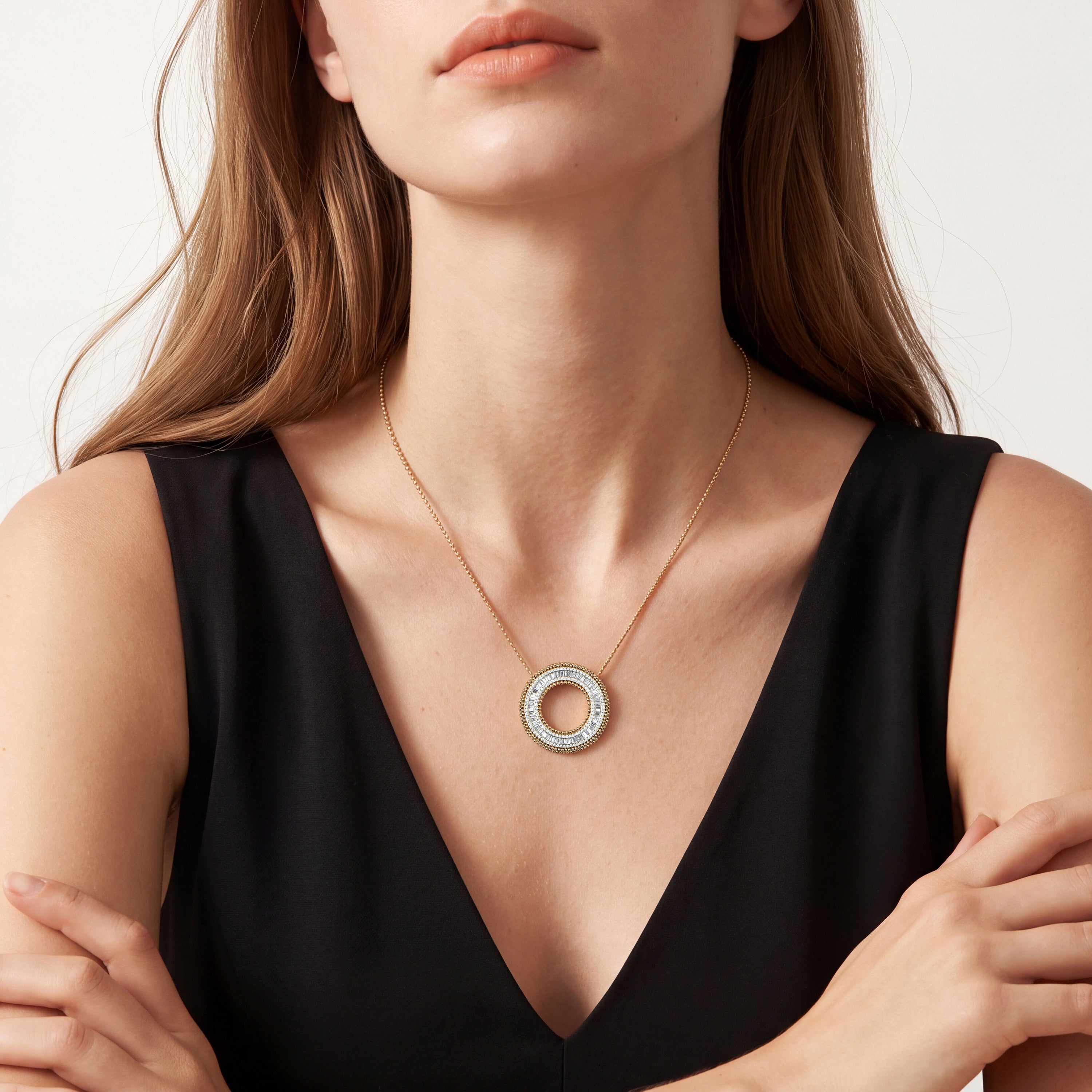 HARAKH Sunlight Circle of Light Baguette Colorless Diamond Pendant | GIA Jewelry Report
