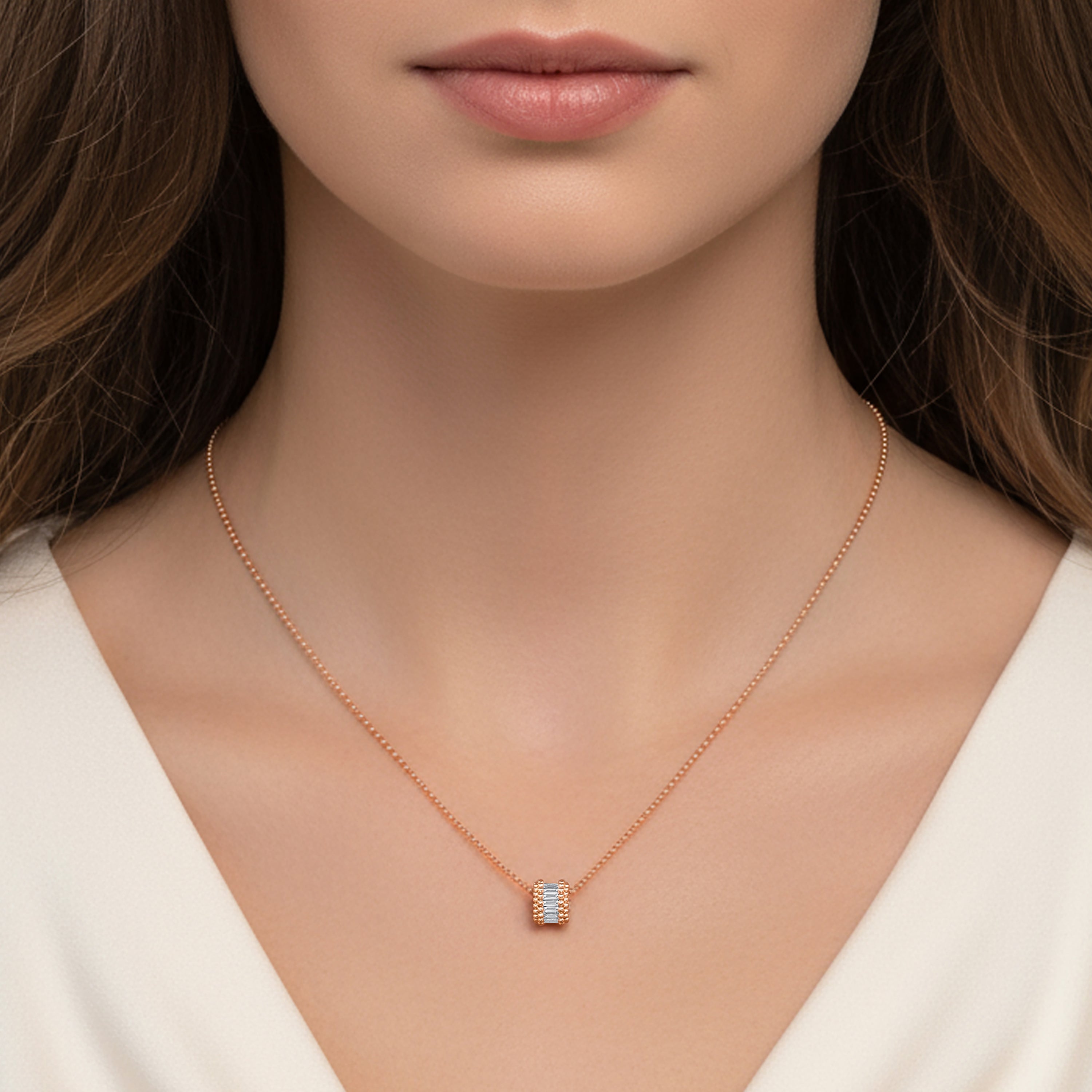 HARAKH Sunlight Rondell Eternity Pendant – Colorless Baguette Diamonds & Signature Auric Sphere in 18K Gold