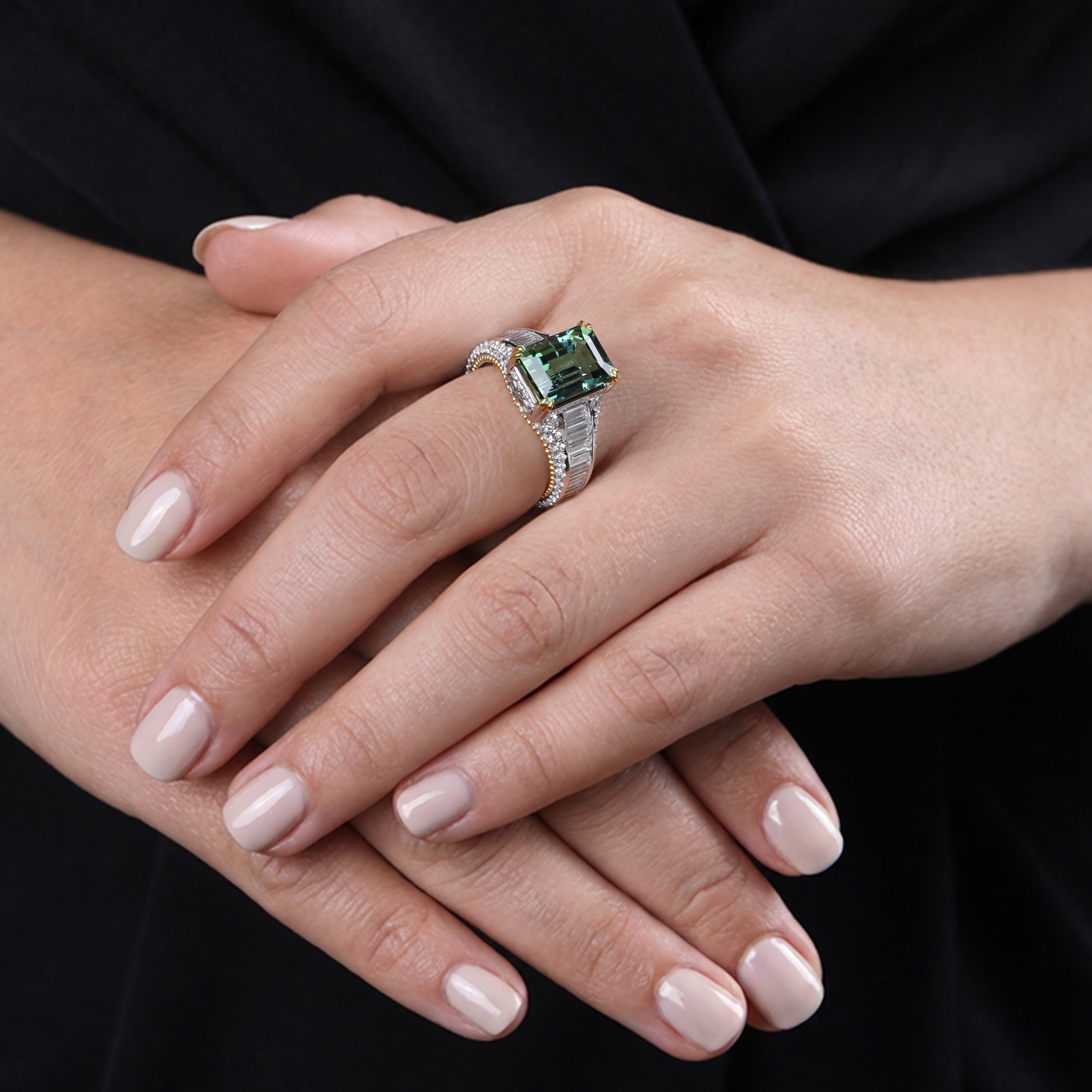 HARAKH Sunlight Emerald-Cut Green Tourmaline & Colorless Baguette Ring
