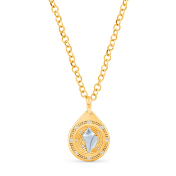 Yellow gold charm pendant depicts a conch charm. It is surrounded by Indian pota work studded with 8 colorless natural diamonds. It is accompanied with a link chain. It is from our Drop of JOY collection.