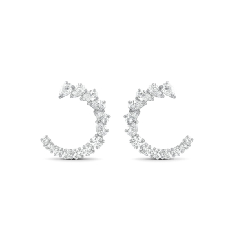 Colorless natural diamond studded semi hoop earrings featuring pear and brilliant cut round diamonds. These earrings are from our Cascade collection.