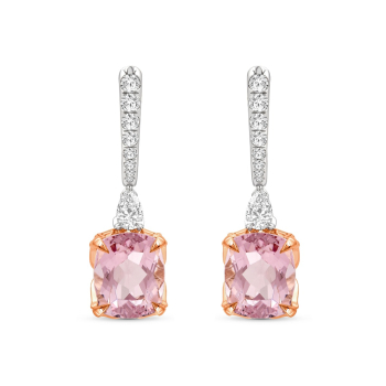 Morganite gemstone and colorless diamond studded dangling earrings in white and rose gold
