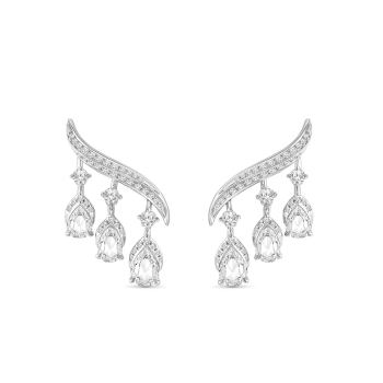 Dangling pear shape rose cut diamond surrounded by colorless natural brilliant cut diamonds set over curved line of brilliant cut diamonds in two rows. These diamond earrings are from our Cascade collection 