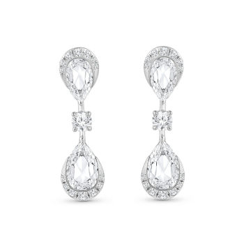 Rose cut pear shape diamonds encircled with brilliant cut round diamonds, placed vertically. These natural diamond earrings are from our Cascade collection.