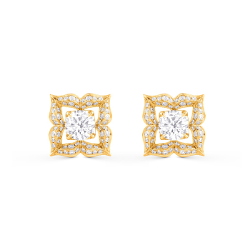 Mandala design inspired stud earrings with natural colorless diamonds set in yellow gold