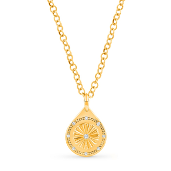 Yellow gold pendant has a Parasol symbol design that depicts protection. It is surrounded by Indian pota work studded with 8 colorless natural diamonds. It is accompanied with a link chain.
