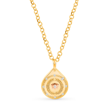 Charm necklace in yellow gold featuring pear shape diamond in a pink gold lotus surrounded by a Laurel wreath, further surrounded by a Indian pota design studded with natural colorless diamonds! It is accompanied by a link chain. 