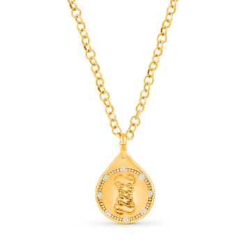 Yellow gold charm pendant has an endless knot symbol design that depicts balance. It is surrounded by Indian pota work studded with 8 colorless natural diamonds. It is accompanied with a link chain.