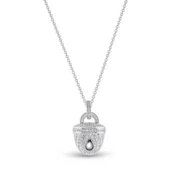 White gold pendant necklace studded with colorless natural diamonds.