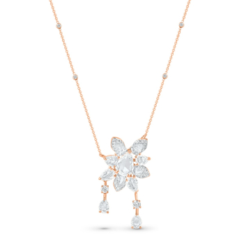 Cluster drop pendant necklace featuring a mix of brilliant and rose cut diamonds crafted in rose gold.  Comes along with a rose gold cable chain