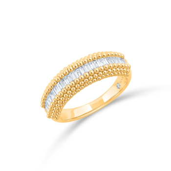 Colorless natural diamond ring set with baguettes in channel setting vertically in yellow gold granulation border, and one brilliant cut diamond in the inner shank, this half eternity diamond ring is crafted in yellow gold. The baguettes are surrounded by
